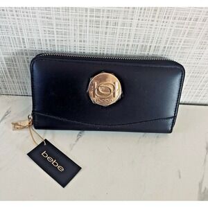 bebe Melendy Zip Around Wallet Clutch 7.5" x 4" x 1" Black Faux Leather Pockets